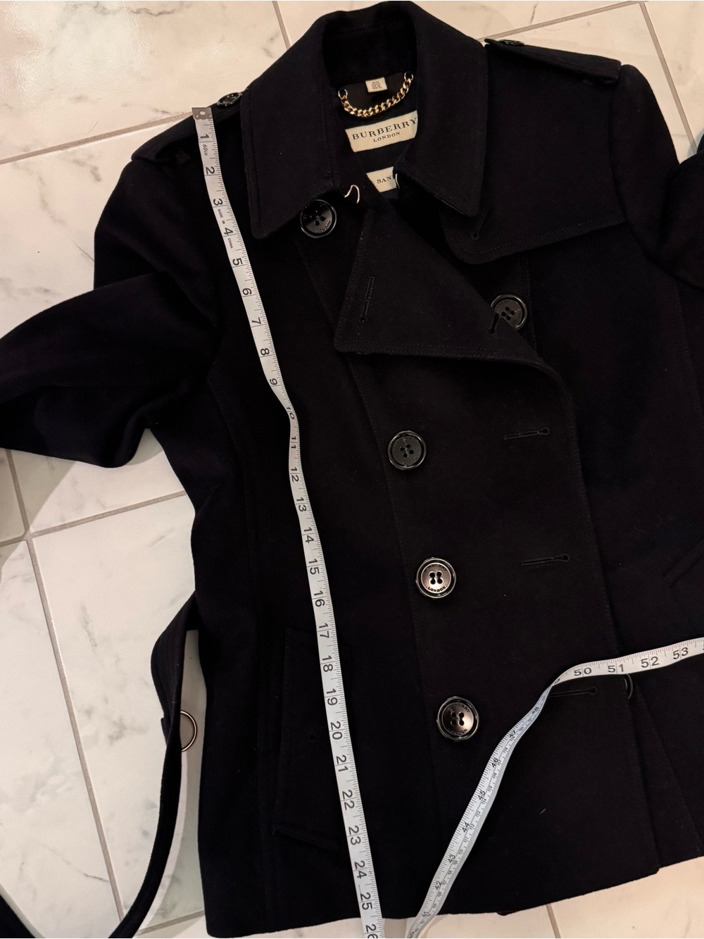 Burberry London Sandringham Black Wool Double-Breasted Coat, Belted Waist - Picture 11 of 12